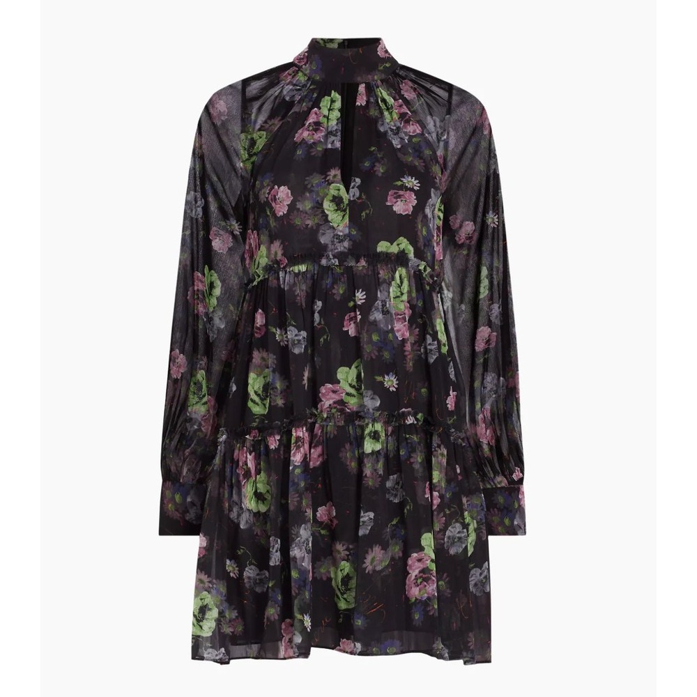 NWT Cinq a Sept Midnight Bloom Revina Dress Size 12 Dark Floral Tie Neck Tiered - Picture 15 of 15